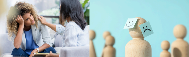 Pessoas e bonecos de madeira simbolizando bem-estar emocional